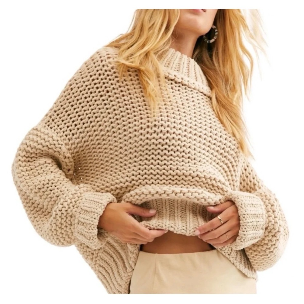 Free People My Only Sunshine Sweater Chunky Knit Beige Women sz M boho boxy